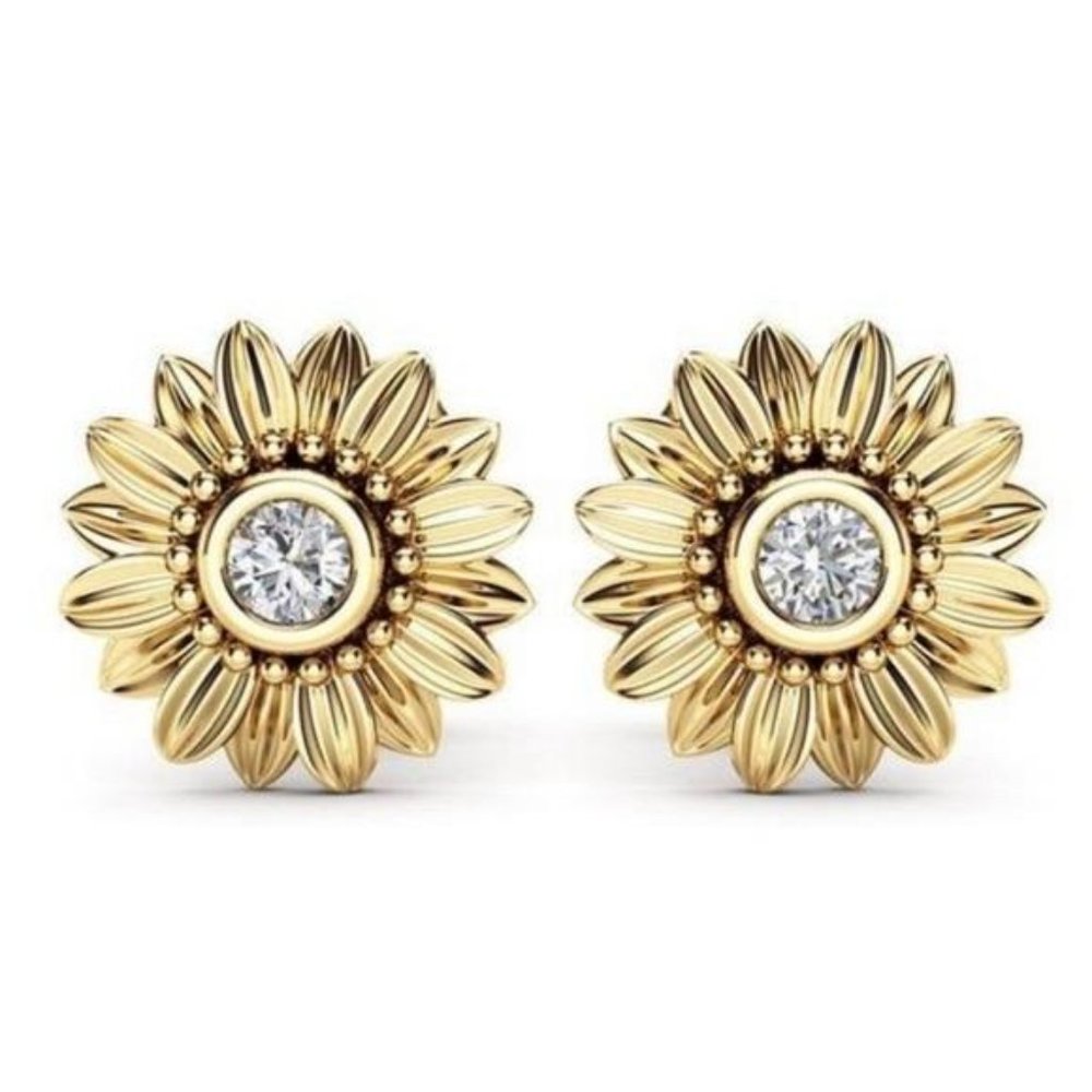 18K YELLOW GOLD DIAMOND SUNFLOWER STUD EARRINGS